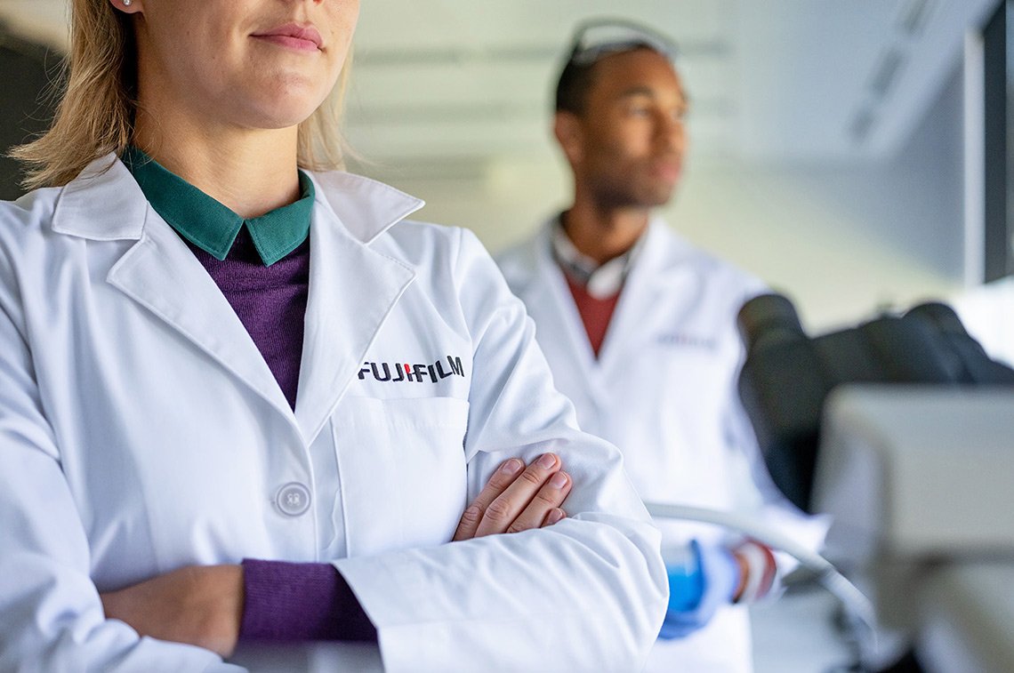 Advertising portrait of Fujifilm healthcare workers in a lab setting